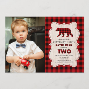Charm Red Buffalo Lumberjack Photo 2nd Birthday Inbjudningar