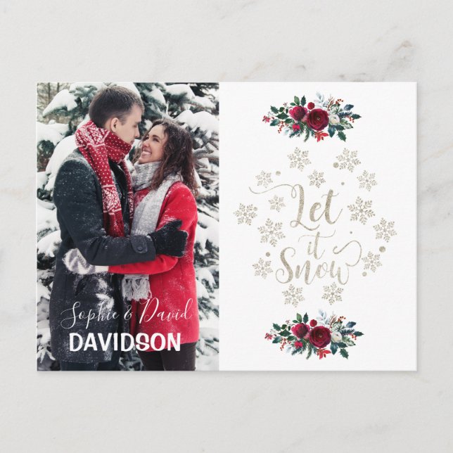 Charm Red Flowers Gräs Photo Helgdag Låt det snöa Inbjudan Vykort (Framsida)