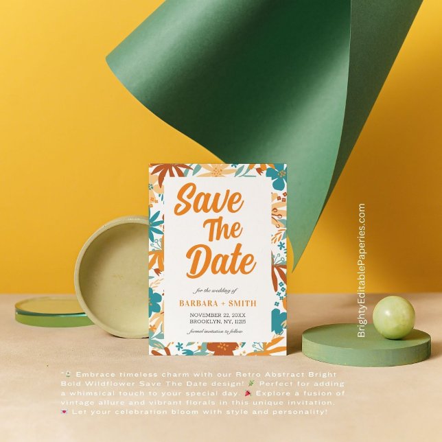 Charm Retro Abstrakt Bright Bold Wildblomma Spara Datumet (Unveil the perfect blend of vintage charm and bold florals with our captivating Save The Date card.)