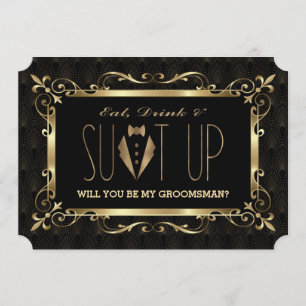Charm Roaring, 20:e Guld Art Deco, bli min Groomsm Inbjudningar