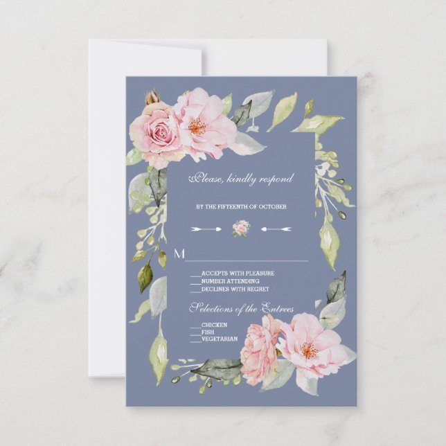 Charm Rosa Blommig Dammig Blå Bröllop RSVP OSA Kort (Framsida)