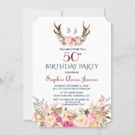 Charm Rosa  Blommigt Antlers 50:e födelsedagen Inbjudningar