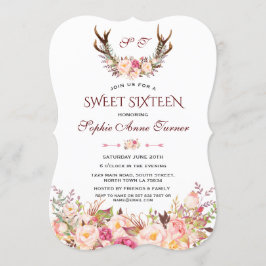 Charm Rosa  Blommigt Antlers Monogram Sweet 16 Inbjudningar