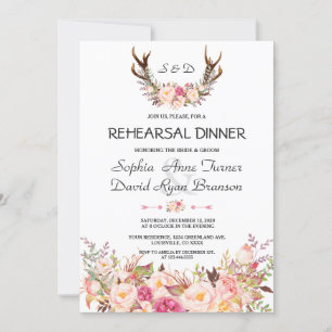 Charm Rosa Blommigt Antlers Rehearsal Dinner Inbjudningar