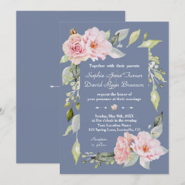 Charm Rosa Blommigt Dusty Blue Bröllop Inbjudningar