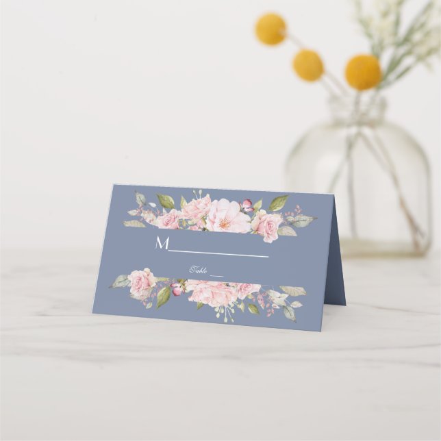 Charm Rosa Blommigt Dusty Blue Bröllop Placeringskort (Baksida)