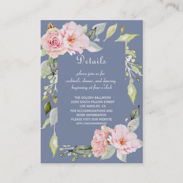 Charm Rosa Blommigt Dusty Blue Bröllop Tilläggskort (Framsida)