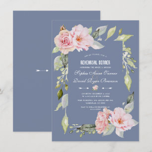 Charm Rosa Blommigt Dusty Blue Rehearsal Dinner Inbjudningar