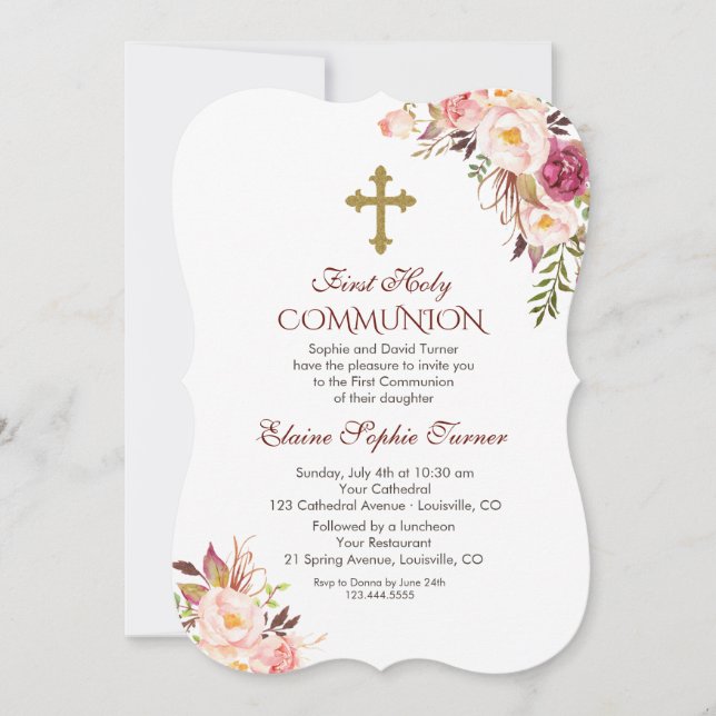 Charm  Rosa Blommigt First Heliga Communion Inbjudningar (Framsida)