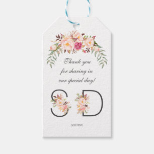 Charm Rosa Blommigt Monogram Bröllop Presentetikett