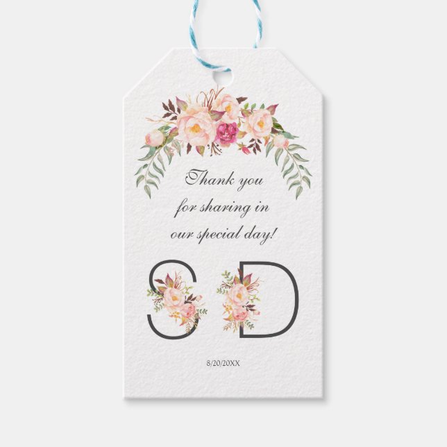 Charm Rosa  Blommigt Monogram Bröllop Presentetikett (Framsidan)
