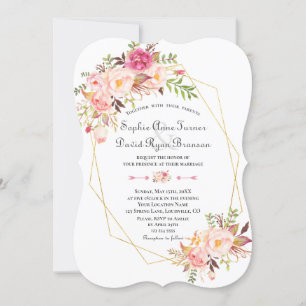 Charm Rosa blommor Guld Ram Bröllop Inbjudningar