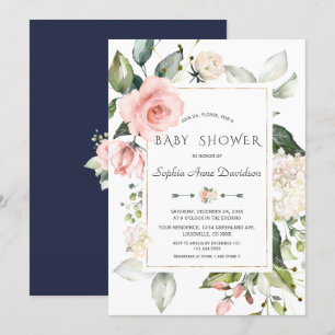 Charm Rosa blommor Ram Baby Shower Inbjudningar