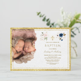 Charm Rosa Blue Guld Blommigt Twillingars Photo Ba Inbjudningar