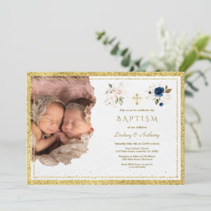 Charm Rosa Blue Guld Blommigt Twillingars Photo Ba Inbjudningar