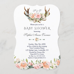 Charm Rosa Cream Blommigt Antlers Baby Shower Inbjudningar