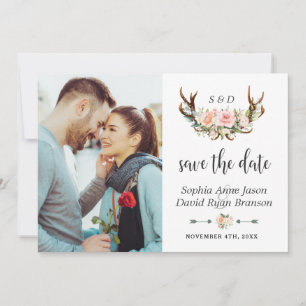 Charm Rosa Cream Blommigt Antlers Photo Bröllop Spara Datumet