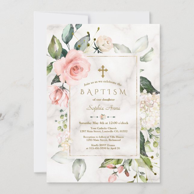 Charm Rosa  Cream Blommigt Marble Guld Baptism Inbjudningar (Framsida)
