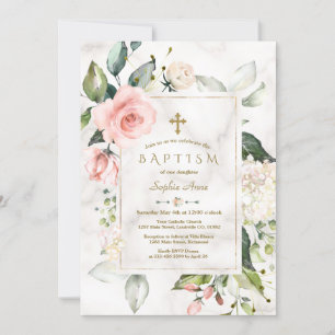Charm Rosa Cream Blommigt Marble Guld Baptism Inbjudningar