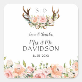 Charm Rosa Flowers Antlers Monogram Bröllop Fyrkantigt Klistermärke