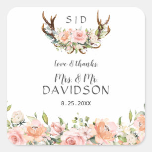 Charm Rosa Flowers Antlers Monogram Bröllop Fyrkantigt Klistermärke