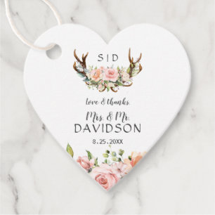 Charm Rosa Flowers Antlers Monogram Bröllop Gåvor Etiketter