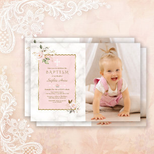 Charm Rosa Flowers Guld Girl Photo Baptism Inbjudningar