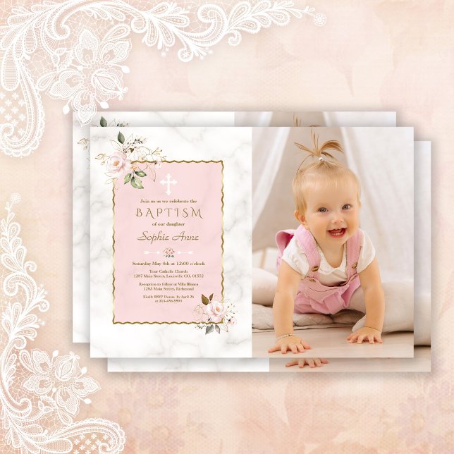 Charm Rosa Flowers Guld Girl Photo Baptism Inbjudningar (Skapare uppladdad)