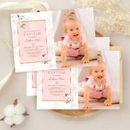 Charm Rosa Flowers Guld Girl Photo Baptism Inbjudningar