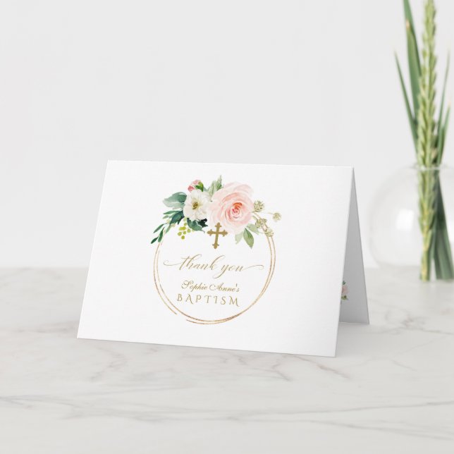 Charm Rosa  Flowers Guld Photo Girl Baptism Tack Kort (Framsida)