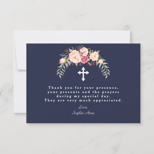 Charm  Rosa Flowers Navy Blue Girl Baptism Tack Kort (Framsida)