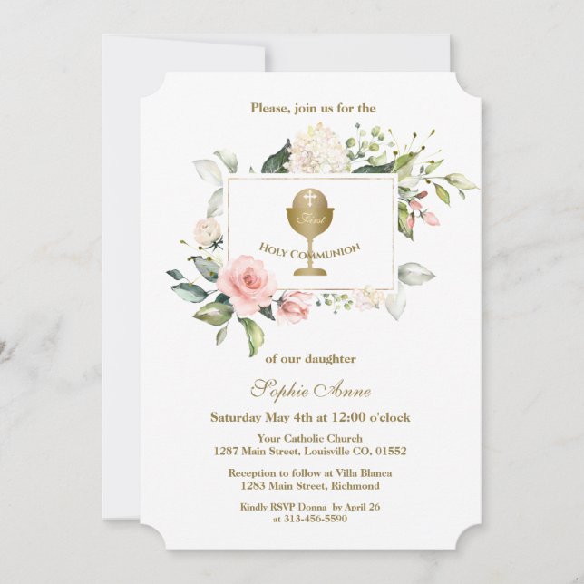 Charm Rosa Flowers Ram Girl First Heliga Communion Inbjudningar (Framsida)