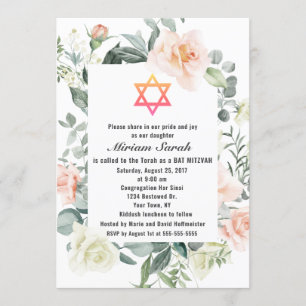 Charm Rosa Flowers Star of David Bat mitzvah Inbjudningar