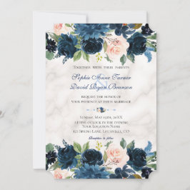 Charm Rosa Navy Blue Blommigt Bloom Marble Bröllop Inbjudningar