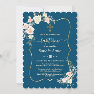 Charm Rosa White Flowers Blue Guld Girl Baptism Inbjudningar
