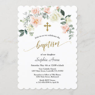 Charm Rosa White Flowers Guld Kor Baptism Inbjudningar