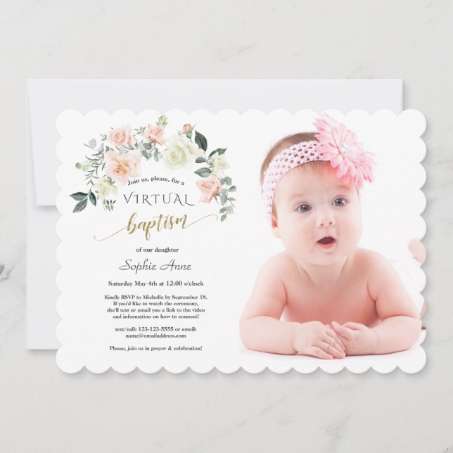 Charm Rosa White Flowers Photo Girl Online Baptism Inbjudningar (Framsida)