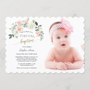 Charm Rosa White Flowers Photo Girl Online Baptism Inbjudningar