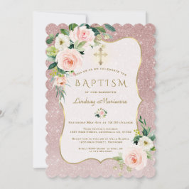 Charm Rosa White Flowers Ro Guld Glitter Baptism Inbjudningar
