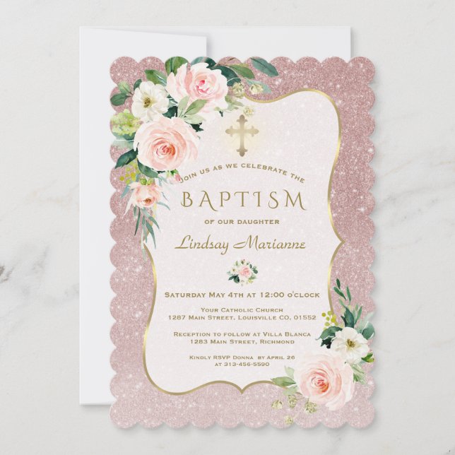 Charm Rosa White Flowers Ro Guld Glitter Baptism Inbjudningar (Framsida)
