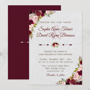 Charm Rustic Burgundy Marsala Blommigt Bröllop Inbjudningar