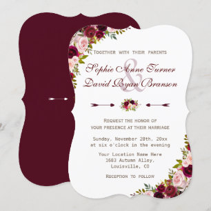 Charm Rustic Burgundy Marsala Blommigt Bröllop Inbjudningar