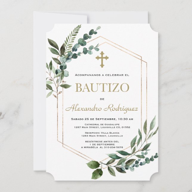 Charm Spain Bautizo Greenery Guld Boy Baptism Inbjudningar (Framsida)