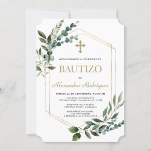 Charm Spain Bautizo Greenery Guld Boy Baptism Inbjudningar