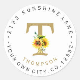 Charm Sunblommor Monogram Circular Address Label Runt Klistermärke