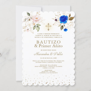 Charm Twillingar Rosa Blåa blommor Primer Añito Ba Inbjudningar