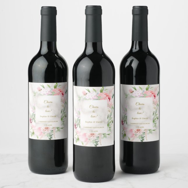 Charm Vår Vattenfärg Peonies Ram Bröllop Vinflaska Etikett (Flaskor)