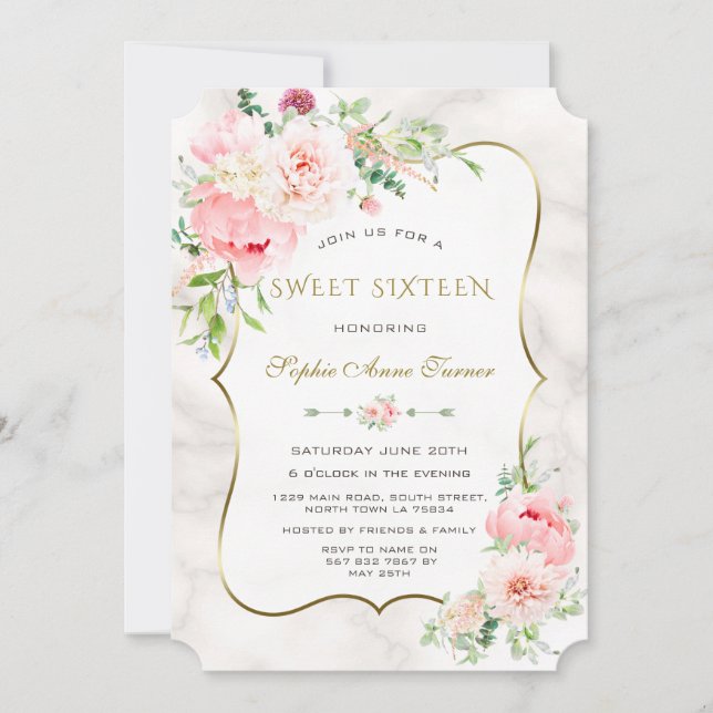 Charm Vår Watercolor Peonies Sweet sixteen Inbjudningar (Framsida)