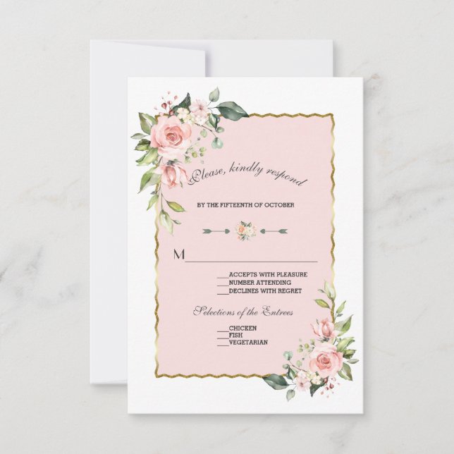 Charm Vattenfärg Rosé Blommig Guld Bröllop OSA Kort (Framsida)