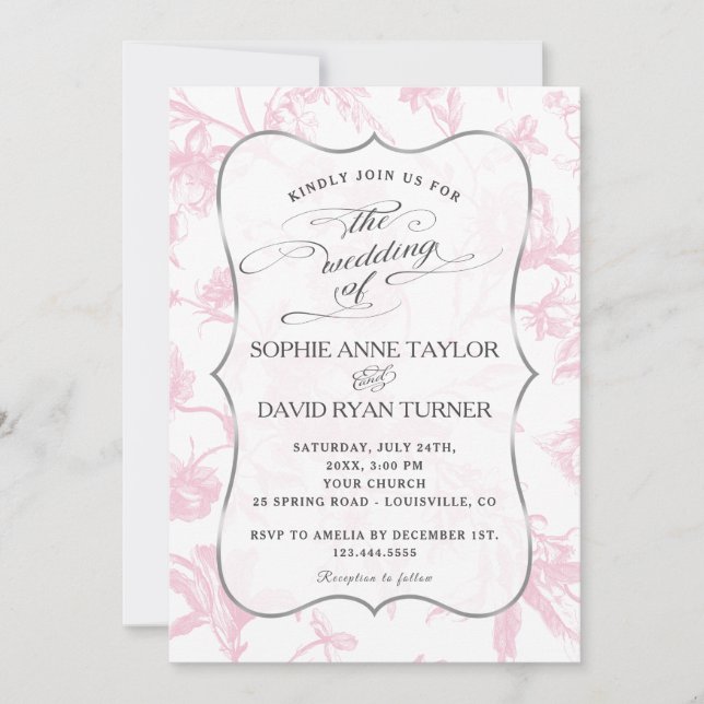 Charm Vintage Fransk Rosa Toile Blommigt Bröllop Inbjudningar (Framsida)